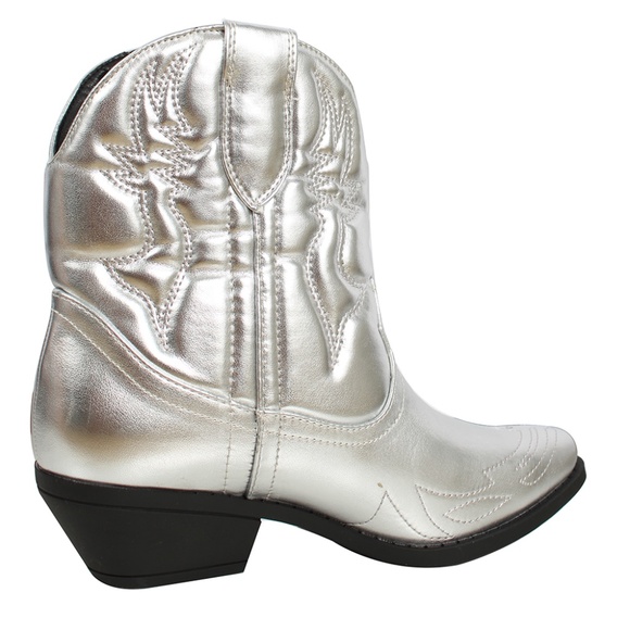 Silver Faux Patent Leather Stitching Cowboy Ankle Boots - Picture 4 of 5